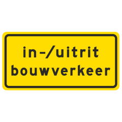 Tekstbord a/r3/dor 80x40 cm geel met tekst: in-/uitrit bouwverkeer