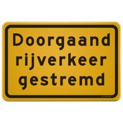 Tekstbord a/r3/dor 60x40 cm geel met tekst: Doorgaand rijverkeer gestremd