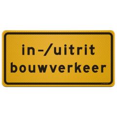 Tekstbord a/r3/dor 80x40 cm geel met tekst: in-/uitrit bouwverkeer